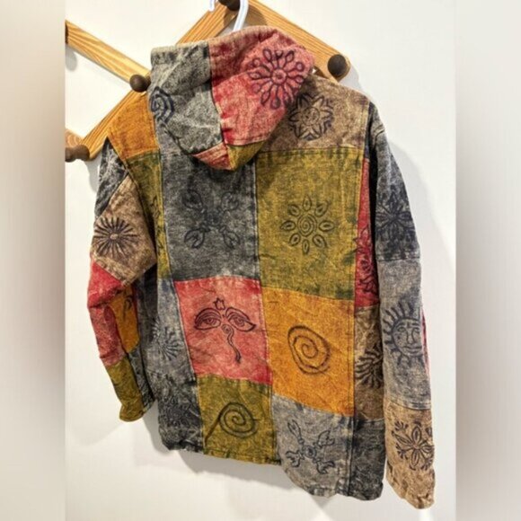 Hippie Boho Vintage Retro Cotton Symbols Fleece Lined Jacket Festival Nepalese - Picture 7 of 11